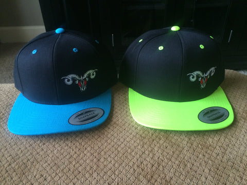 Snap Back Flat Bill Neon Green/Black and Blue/Black MadRam11 Logo Hats